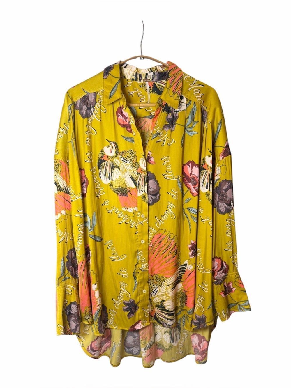 Free People Yellow Floral Button-Up Oversized Ladies Blouse. Size Small.